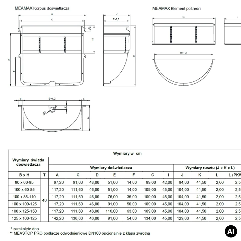Doświetlacz piwniczny MEAMAX 80x60-85x40 z rusztem kratowym