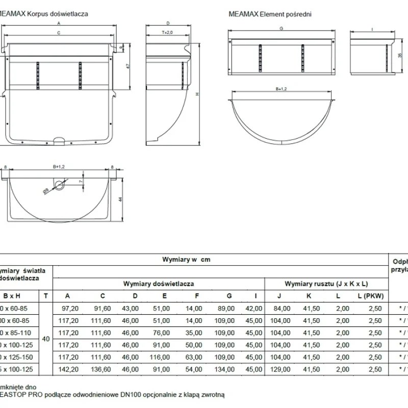 Doświetlacz piwniczny MEAMAX 100x85-110x40 z rusztem kratow