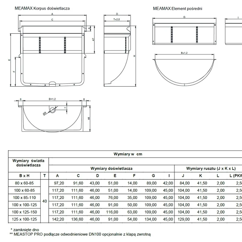 Doświetlacz piwniczny MEAMAX 100x125-150x40 z rusztem krato